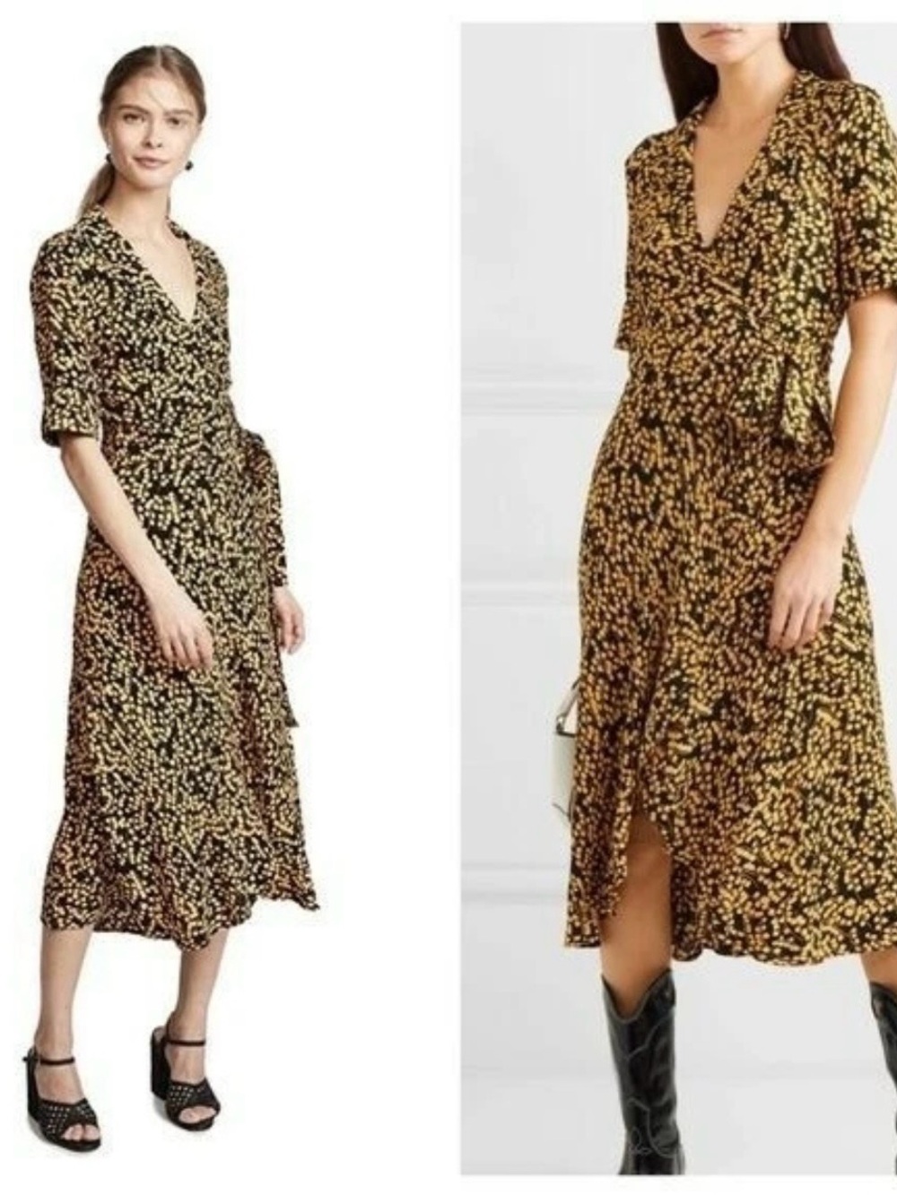 Ganni Dexter Goldstone Black Yellow Floral Wrap Midi Dress 36
